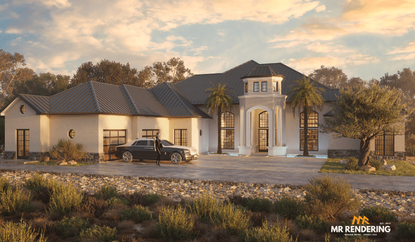 The front exterior of a grand, Mediterranean-inspired home with a central tower, an arched entryway, palm trees, and a luxury car with a person standing next to it. This photorealistic visualization is the result of a successful 3d rendering and modeling partnership.