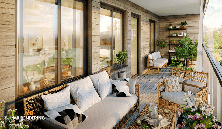 A bright and inviting outdoor balcony featuring comfortable wicker sofas and chairs, potted plants, and light wood paneling on the building exterior. This engaging outdoor space highlights a successful 3d rendering and modeling partnership.