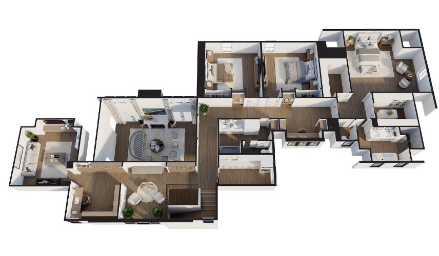 A top-down, angled view of expansive 3d home floor plans for a large multi-level residence, illustrating multiple bedrooms, living spaces, bathrooms, and staircases within a complex layout.