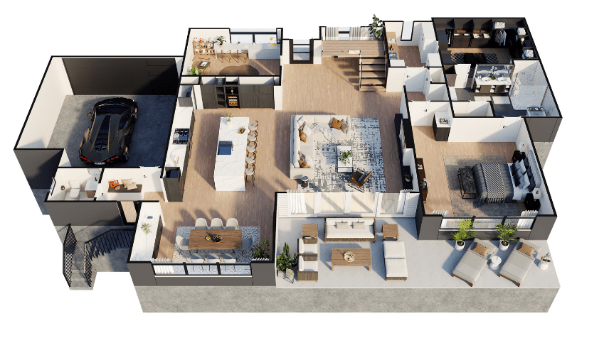 A detailed, top-down 3D rendering of a luxurious modern home, showcasing an open-concept living area, a large outdoor terrace, and a master suite with a walk-in closet. This is a prime example of high-impact floor plans for real estate marketing.