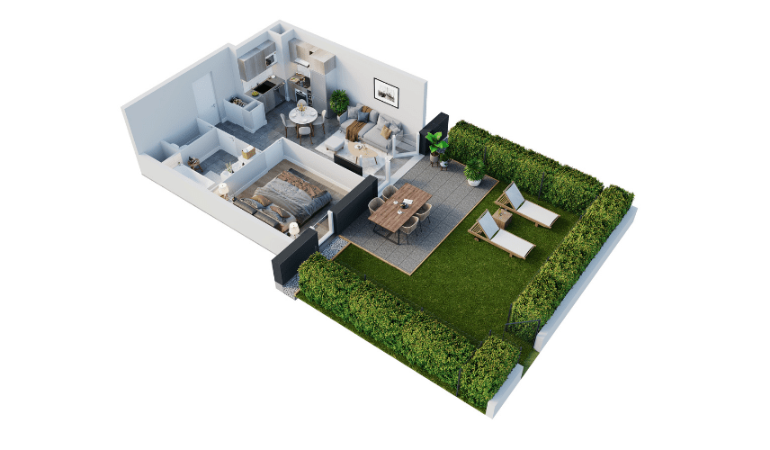 An aerial, isometric view of 3d home floor plans for a two-bedroom apartment, featuring a fully furnished interior, an outdoor patio with dining and lounge chairs, and a private fenced garden area.