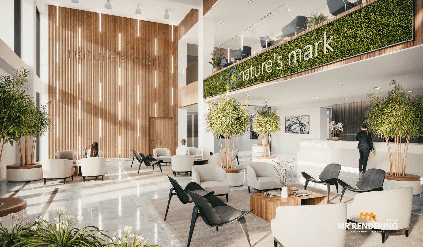 A spacious and bright modern commercial lobby featuring a wood-slatted accent wall, lush interior trees, comfortable seating areas, and a prominent "nature's mark" green wall. This impressive interior is a detailed 3d rendering services Los Angeles.