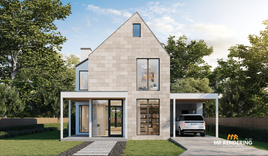 The front facade of a modern two-story home featuring a light stone exterior, a prominent gable roof, and an integrated carport with a white SUV parked inside. This clean and elegant image is a high-quality 3d rendering house exterior.