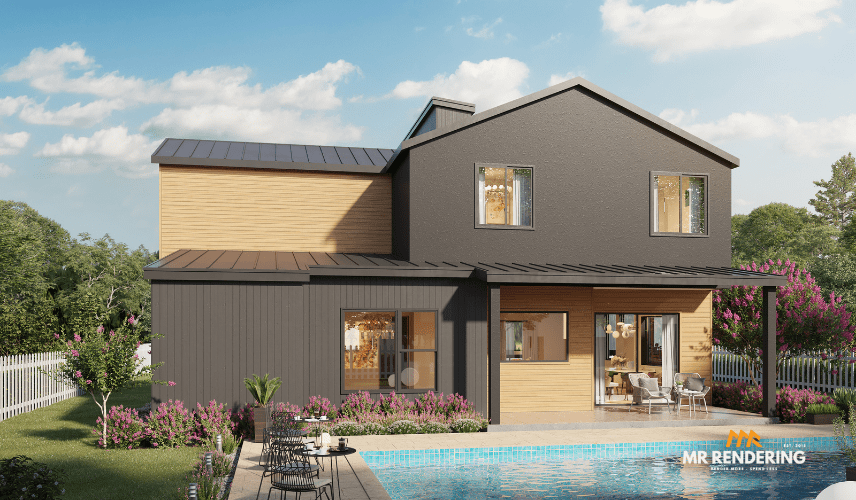 A lively scene around a large swimming pool at a classic lakeside home, with people relaxing on lounge chairs. This lifestyle 3d rendering house exterior captures a fun atmosphere.