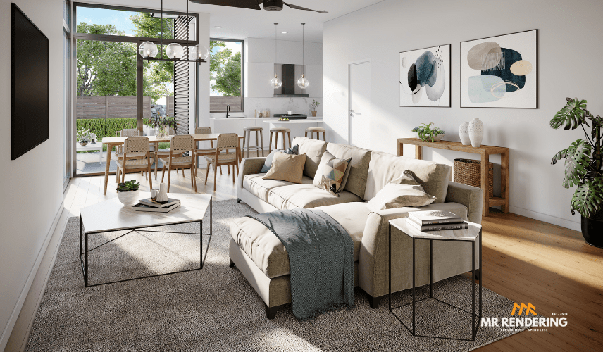A spacious and bright open-concept living room with a large L-shaped sofa, a dining area, and a sleek white kitchen in the background, all bathed in natural light. This versatile interior was developed via a productive 3d rendering and modeling partnership.