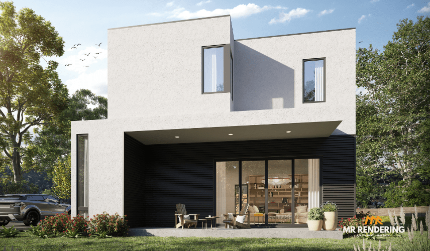 A pristine white modern ranch-style home with black-framed windows and a sleek covered patio. This contemporary 3d rendering house exterior is perfect for a sunny climate.