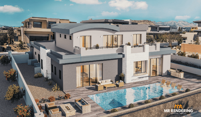 A sprawling modern luxury home with a unique curved roof, large windows, a swimming pool, and multiple outdoor lounge areas in a desert setting. This complex project impacts 3D Architectural Animation Cost.