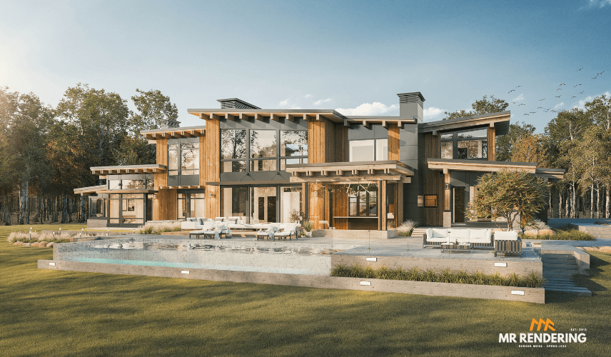The rear view of a large, luxurious mountain modern home featuring extensive wood siding, large windows, and a multi-level patio with an infinity pool. This impressive image is a photorealistic 3d rendering house exterior.