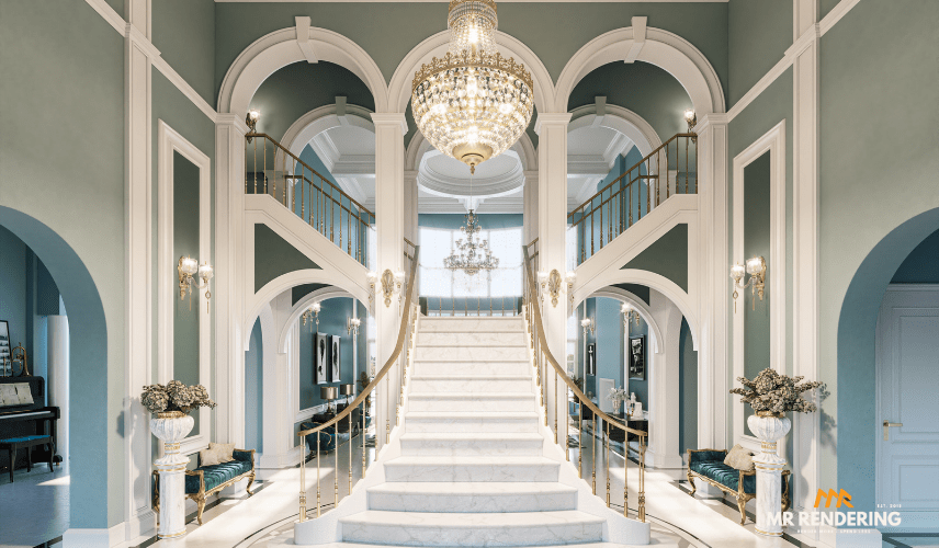 A grand, classical-style foyer with a sweeping marble staircase, ornate chandeliers, and elegant blue-green walls, demonstrating the sophisticated usage of 3d animation in architecture.