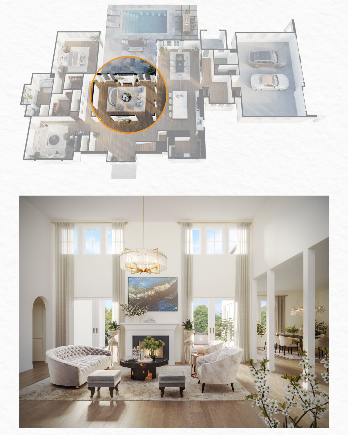 A composite image displaying a top-down 3D floor plan for home with the living room area circled in orange, positioned above a photorealistic interior rendering of that same living room featuring high ceilings, a fireplace, and a large gold chandelier.