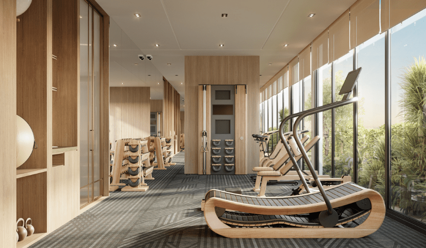 Contemporary fitness center design featuring natural wood accents and modern exercise equipment, meticulously crafted with professional 3D Rendering Tools.