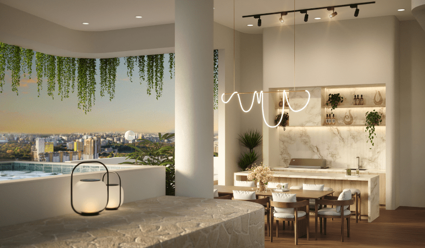 Luxurious rooftop outdoor kitchen and dining area with a jacuzzi and city skyline view at sunset, rendered beautifully with high-end 3D Rendering Tools.