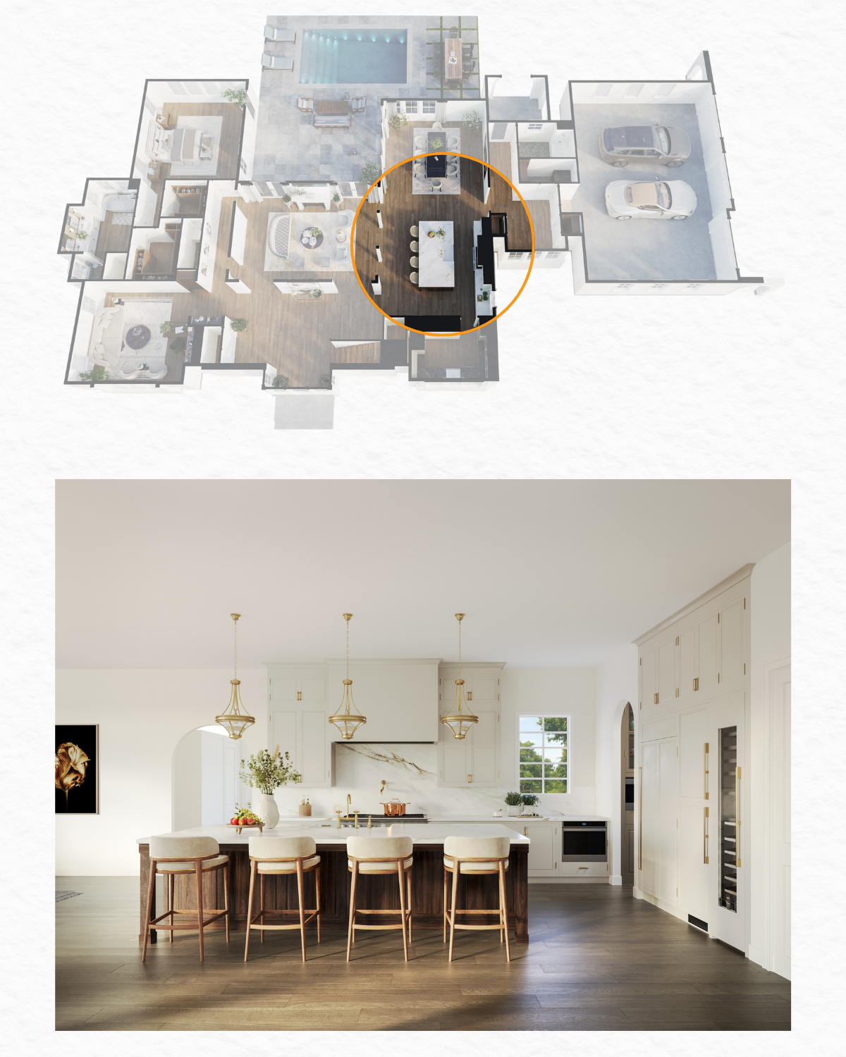 A split-view image showing a 3D floor plan for home with the open-concept kitchen and dining area highlighted in orange, paired with a detailed interior rendering of the kitchen featuring a large center island, bar seating, and elegant gold pendant lighting.