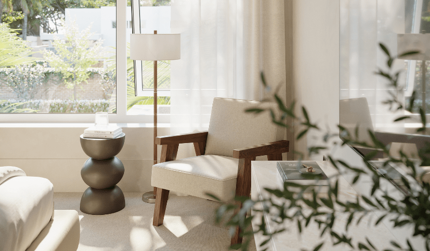 Close-up photorealistic interior visualization of a reading nook with a sculptural side table created by architectural 3d rendering services.