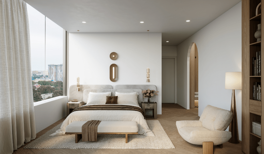 Serene master bedroom interior design with city views and an arched doorway visualized by architectural 3d rendering services.