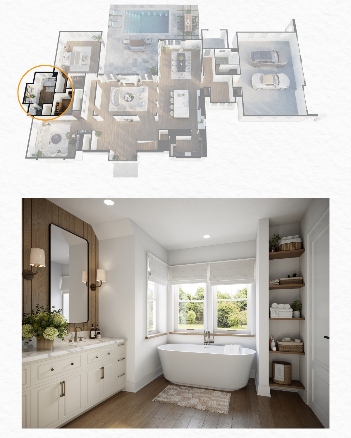 A composite image displaying a 3D floor plan for home with the master bathroom suite highlighted, above a photorealistic rendering of the bathroom featuring a white freestanding soaking tub by a bright window, a dual vanity, and wood accent walls.