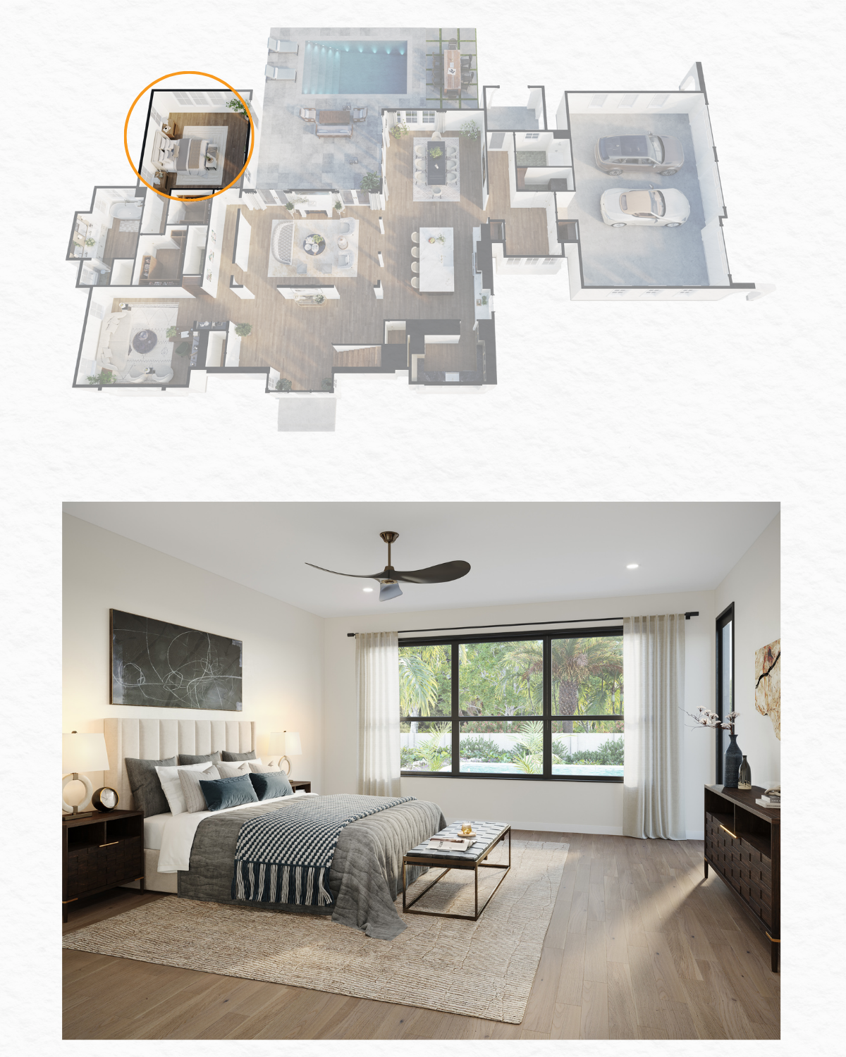 A split-view image showing a 3D floor plan with a bedroom highlighted in orange, paired with a realistic interior rendering of the room featuring a bed with grey linens, a modern ceiling fan, and a large black-framed window looking out to a garden.