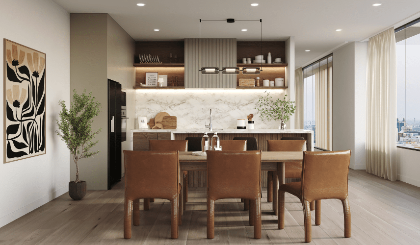 Photorealistic modern kitchen with marble backsplash and leather dining chairs created using professional 3d rendering online services.