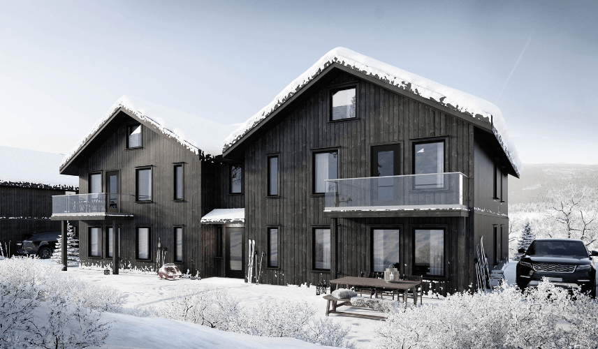 Charming snow-covered cabins with dark wooden exteriors and skis leaning against the wall, perfectly visualized using powerful 3D Rendering Tools.