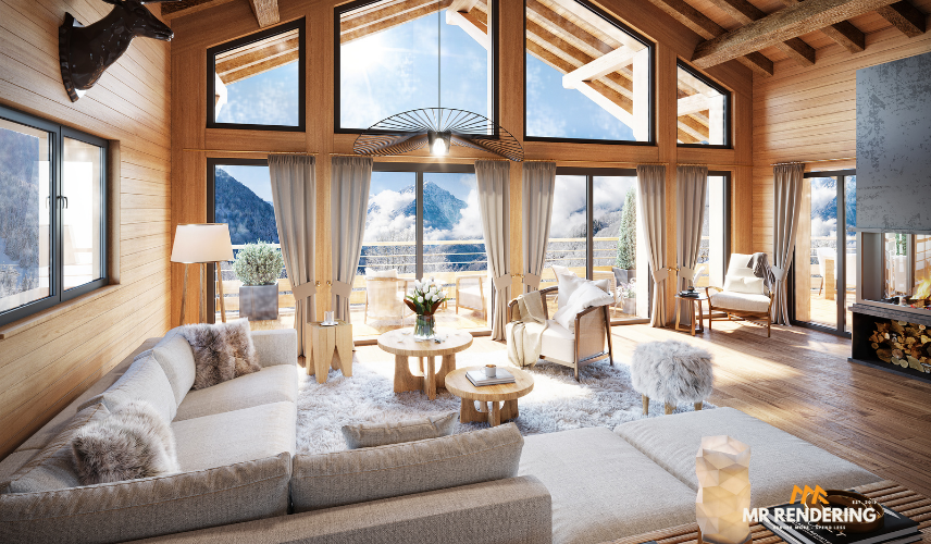Spacious wooden lodge interior featuring a cozy fireplace, fur textures, and panoramic snowy mountain views brought to life with professional 3d rendering tools.