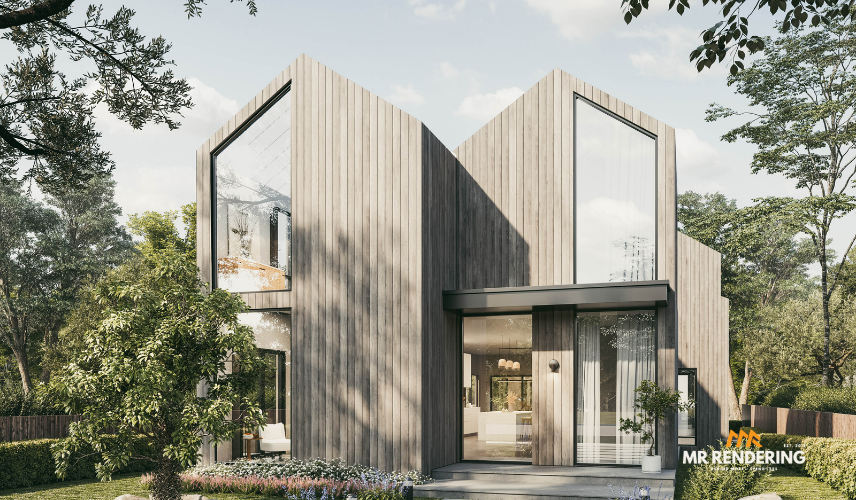 A photorealistic image created by 3d exterior rendering services featuring a modern, double-gable home with vertical wood siding and expansive floor-to-ceiling windows, set amidst lush green landscaping and trees.
