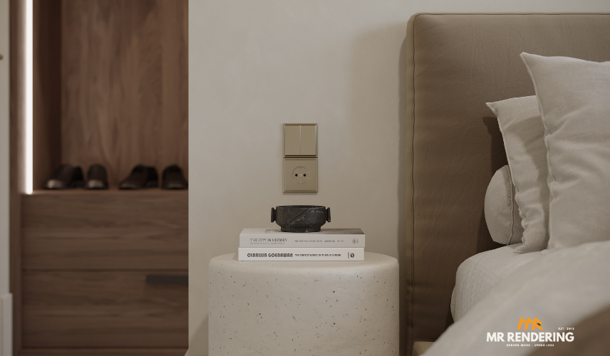 Close-up interior visualization of a textured stone bedside table, books, and gold electrical switches created using advanced 3d rendering tools to showcase material quality.
