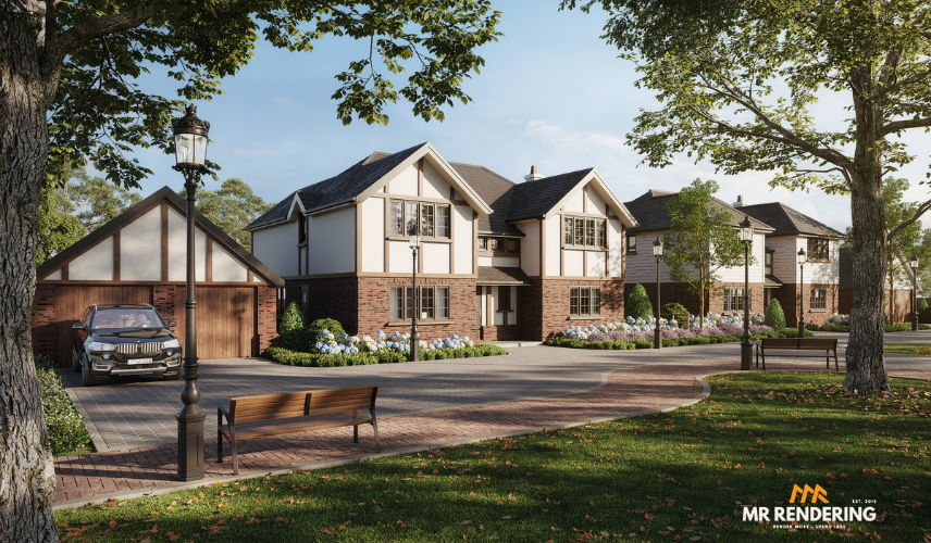 A 3D rendering of a peaceful residential neighborhood featuring traditional English-style homes with brick and timber detailing. The scene includes a brick-paved street, vintage-style lamp posts, a park bench, and mature trees.
