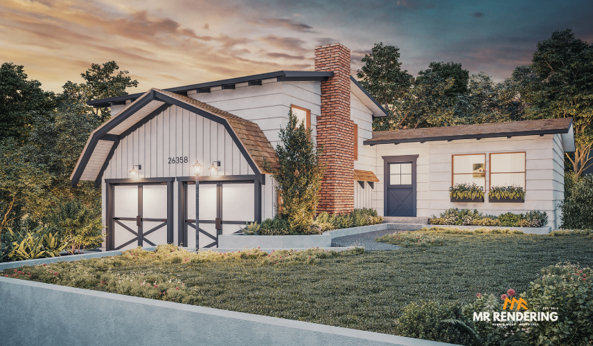Photorealistic exterior view of a charming white cottage with a brick chimney and barn-style garage doors at sunset, visualized by Affordable 3D Rendering Services USA.