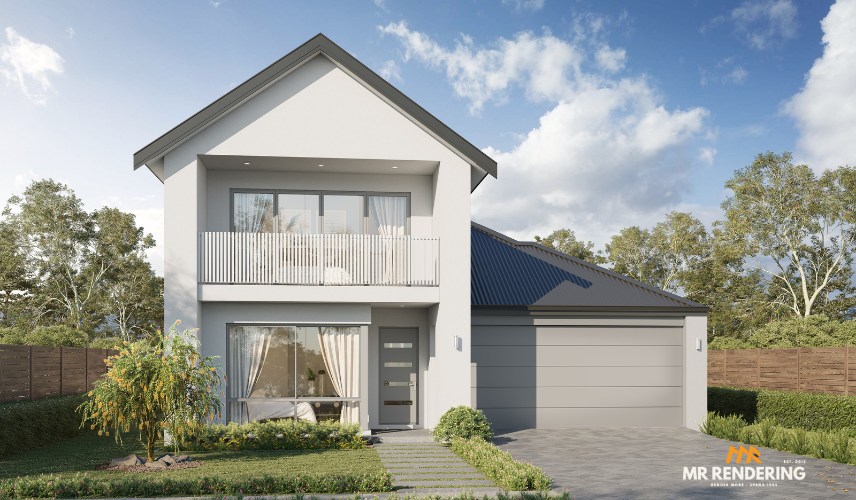 A 3D visualization of a contemporary two-story suburban house featuring a white facade, a front balcony with white vertical railings, and a gray garage door, set under a bright blue sky.