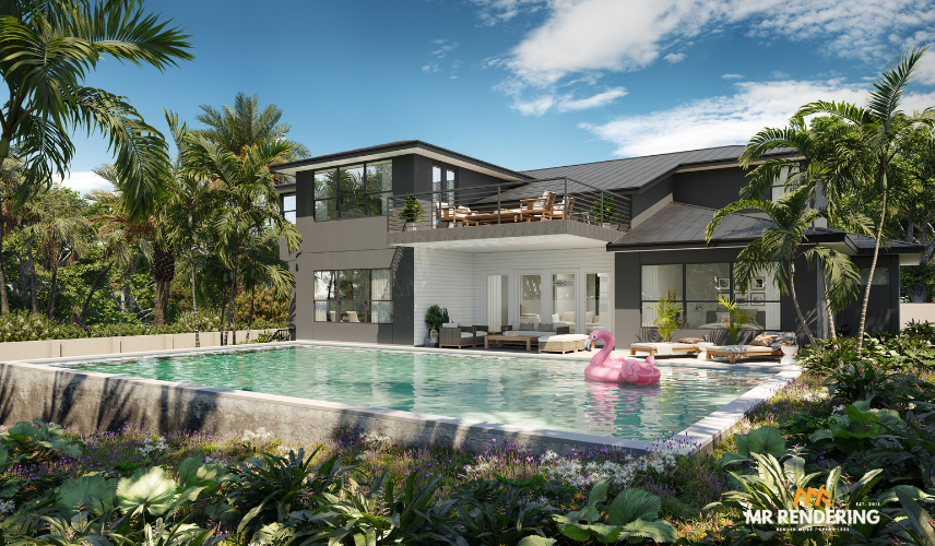 A 3D exterior rendering of a modern two-story home with dark gray siding and a second-floor balcony. The backyard features a large swimming pool with a pink flamingo float, surrounded by lush tropical palm trees and landscaping.