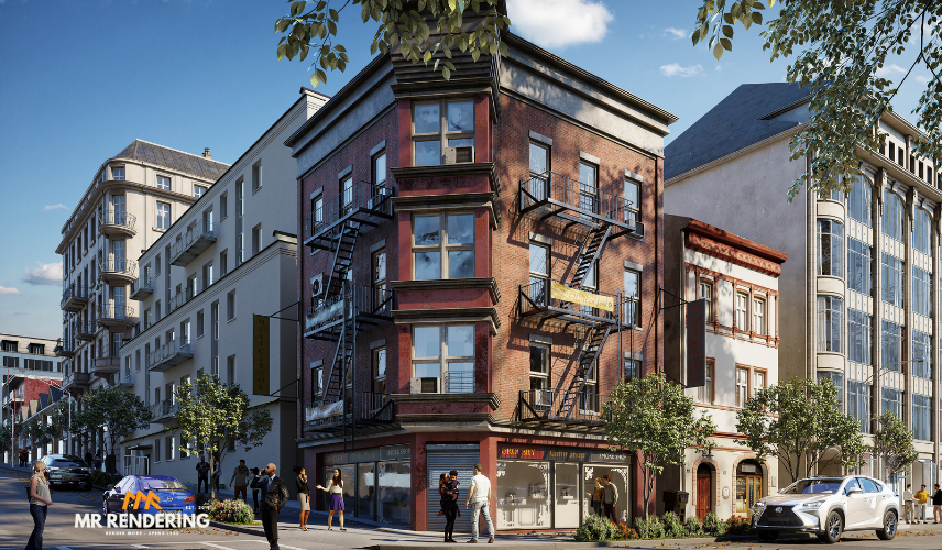 A detailed 3D urban street scene rendering featuring a classic multi-story red brick corner building with black metal fire escapes. The ground floor houses retail shops, and the scene includes pedestrians, cars, and trees.