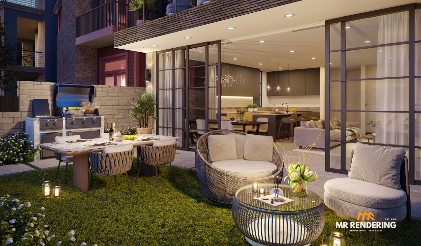 Evening visualization of a luxury backyard patio featuring an outdoor BBQ kitchen, dining area, and rattan lounge seating produced by Affordable 3D Rendering Services USA.