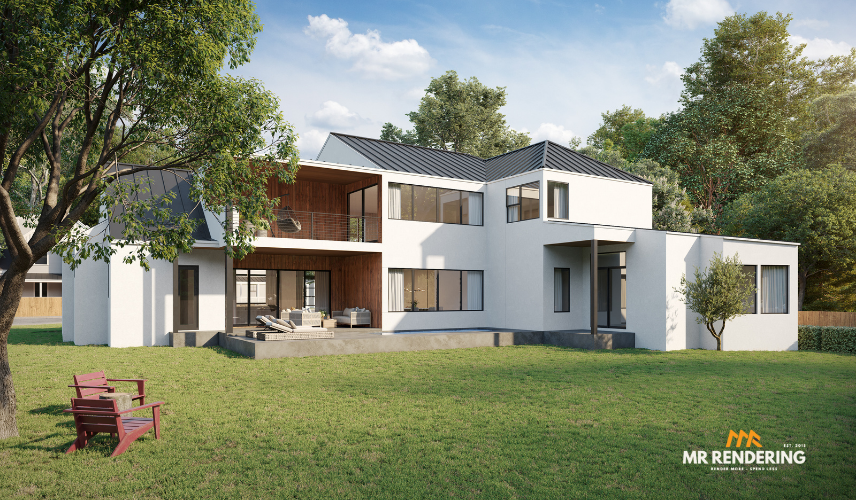 Photorealistic exterior visualization of a modern white residential home with a spacious backyard created by architectural 3d rendering services.