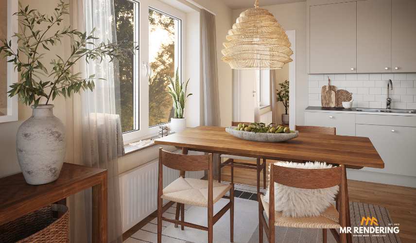 A photorealistic 3D interior rendering of a cozy, sunlit dining area. The scene features a wooden dining table with chairs, a large woven pendant light, and a vase with branches, with a minimalist kitchen visible in the background.