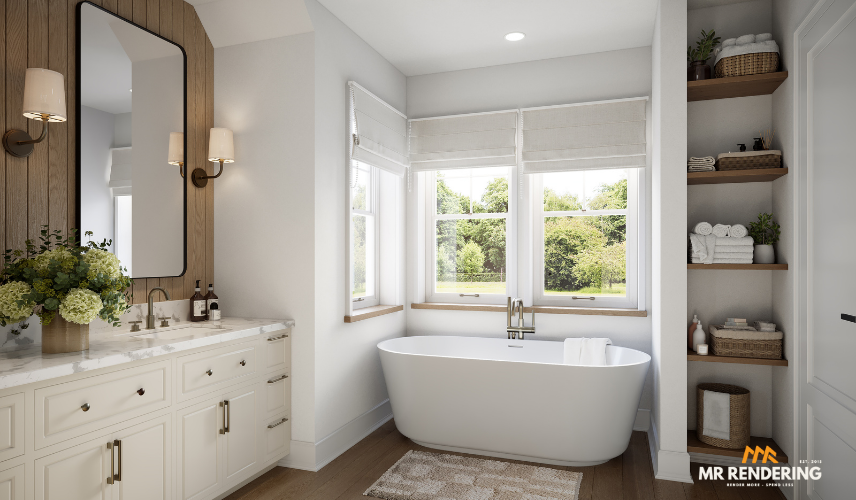 Bright white bathroom interior featuring a freestanding tub, marble vanity, and natural wood accents visualized by photorealistic 3d rendering tools.