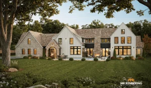Luxury residential exterior rendering in NJ showcasing a large home with symmetrical architecture and realistic evening lighting