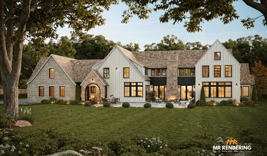 High-end traditional home exterior created using professional 3D Modeling & Rendering Services.