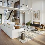 Living Room 3D Rendering of a bright open-plan modern living room with a white sectional sofa, wood flooring, dining area connection, and large windows.