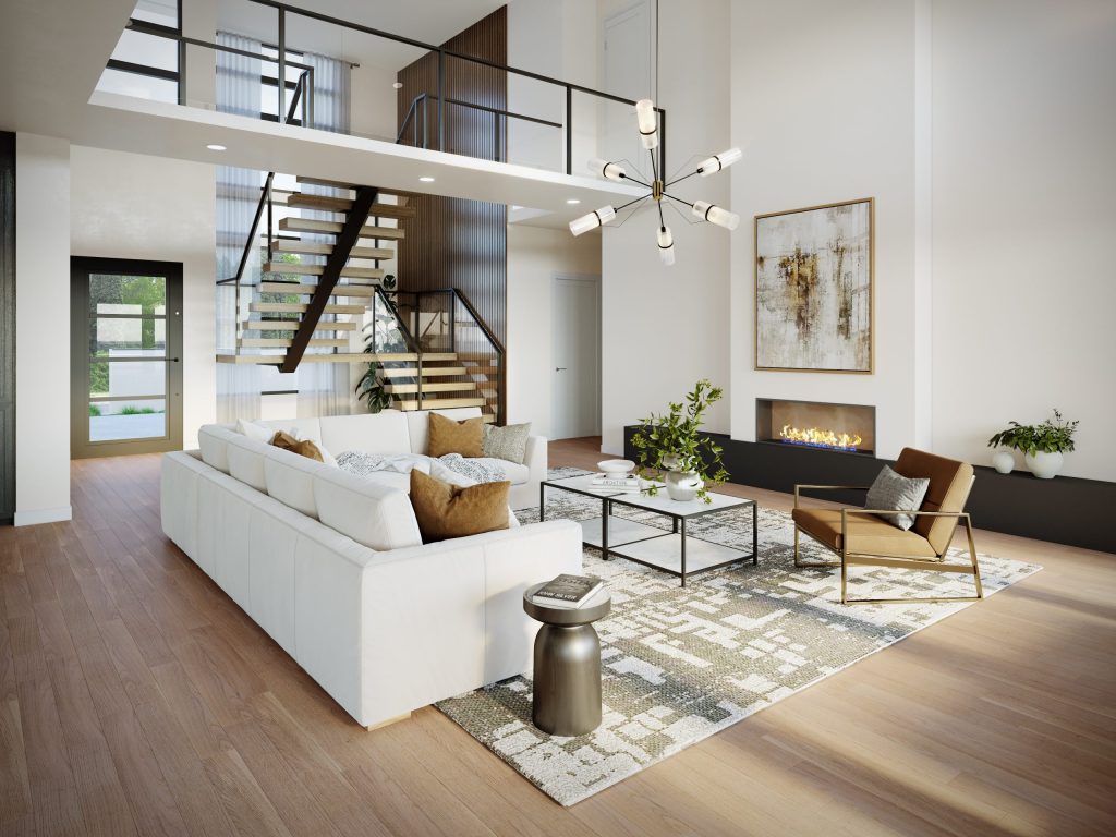 Living Room 3D Rendering of a bright open-plan modern living room with a white sectional sofa, wood flooring, dining area connection, and large windows.