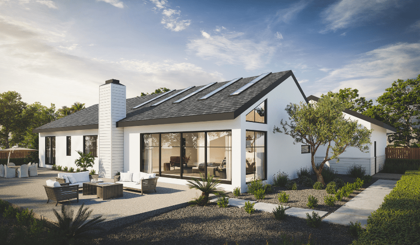 3D Rendering House of a modern single-story home with sloped roof, large glass windows, outdoor patio, and minimalist landscaping