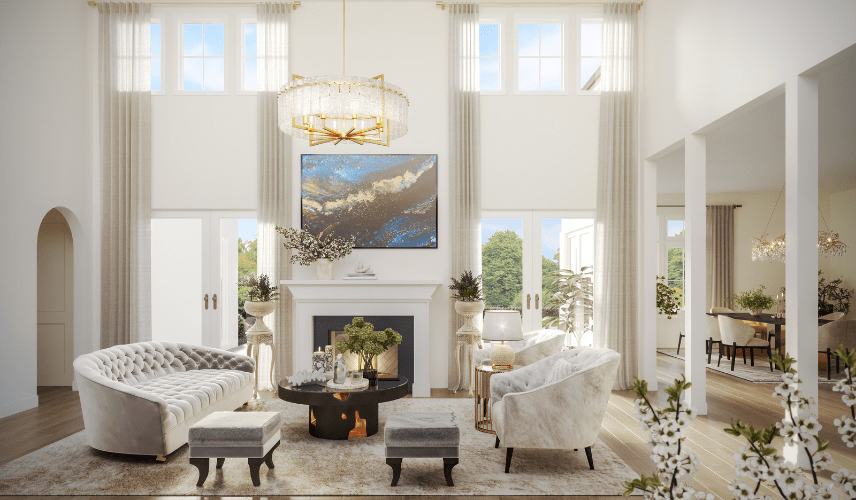 3D Rendering House interior of a luxury double-height living room with elegant furniture, fireplace, chandelier, and large windows