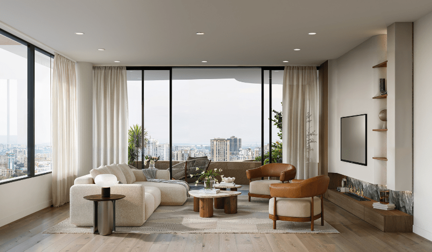 Living Room 3D Rendering of a bright modern-neutral living room with a fireplace, large windows, symmetrical seating, and warm wood flooring.