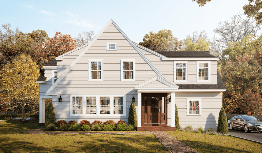 Residential exterior rendering in NJ showcasing a classic single-family home with realistic lighting and landscaping