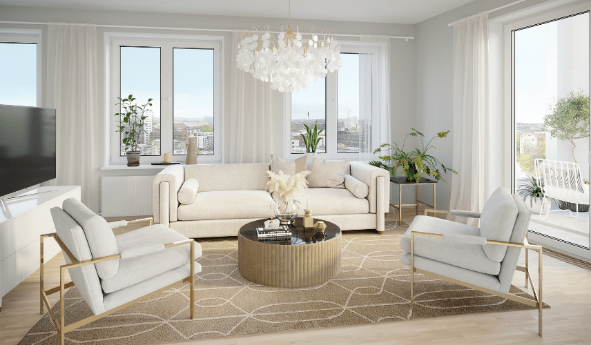 3D Rendering House interior of a modern bright living room with neutral tones, elegant furniture, chandelier, and large windows