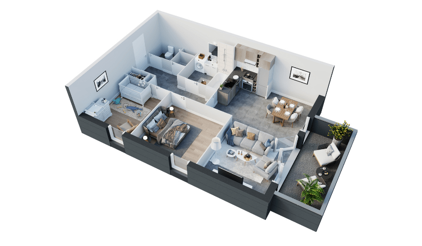 3D Rendering House Plans featuring a compact modern house floor plan with living area, kitchen, bedroom, bathroom, and a small private garden.