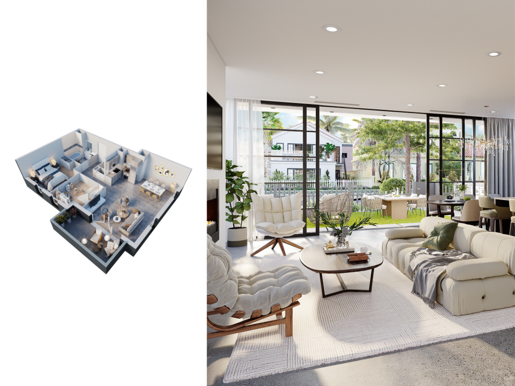 3D Rendering House Plans illustrating a modern open-plan house floor plan with living room, dining area, kitchen, and strong indoor–outdoor connection.