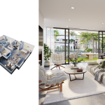 3D Rendering House Plans illustrating a modern open-plan house floor plan with living room, dining area, kitchen, and strong indoor–outdoor connection.