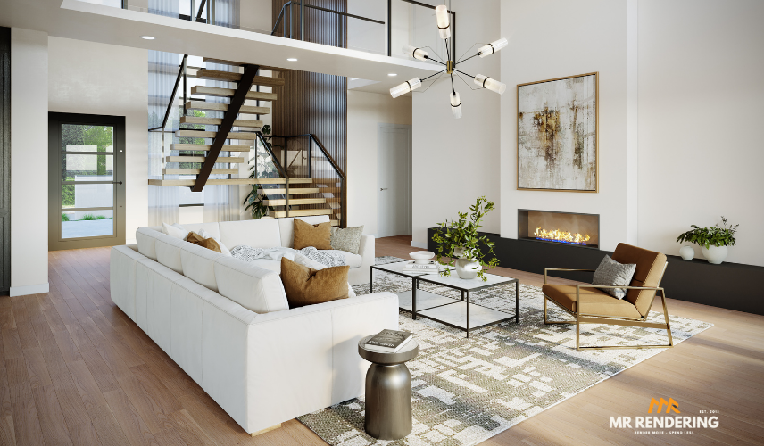 Living Room 3D Rendering of a bright open-plan modern living room with a white sectional sofa, wood flooring, dining area connection, and large windows.