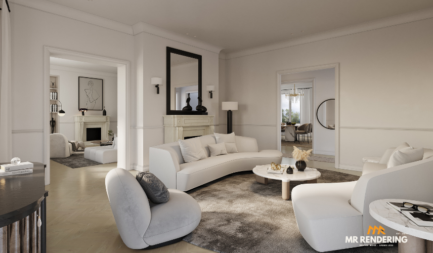 Living Room 3D Rendering of a modern open-plan space with a white sofa, large sliding glass doors, indoor-outdoor view, and a kitchen island in the background.
