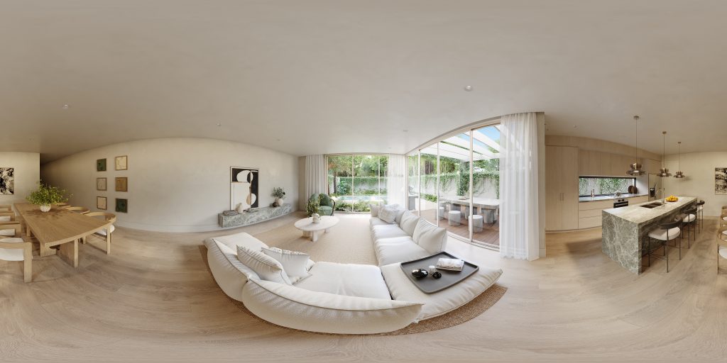 Living Room 3D Rendering of a luxury contemporary space with a curved cream sofa, round coffee tables, statement chandelier, and warm neutral palette.